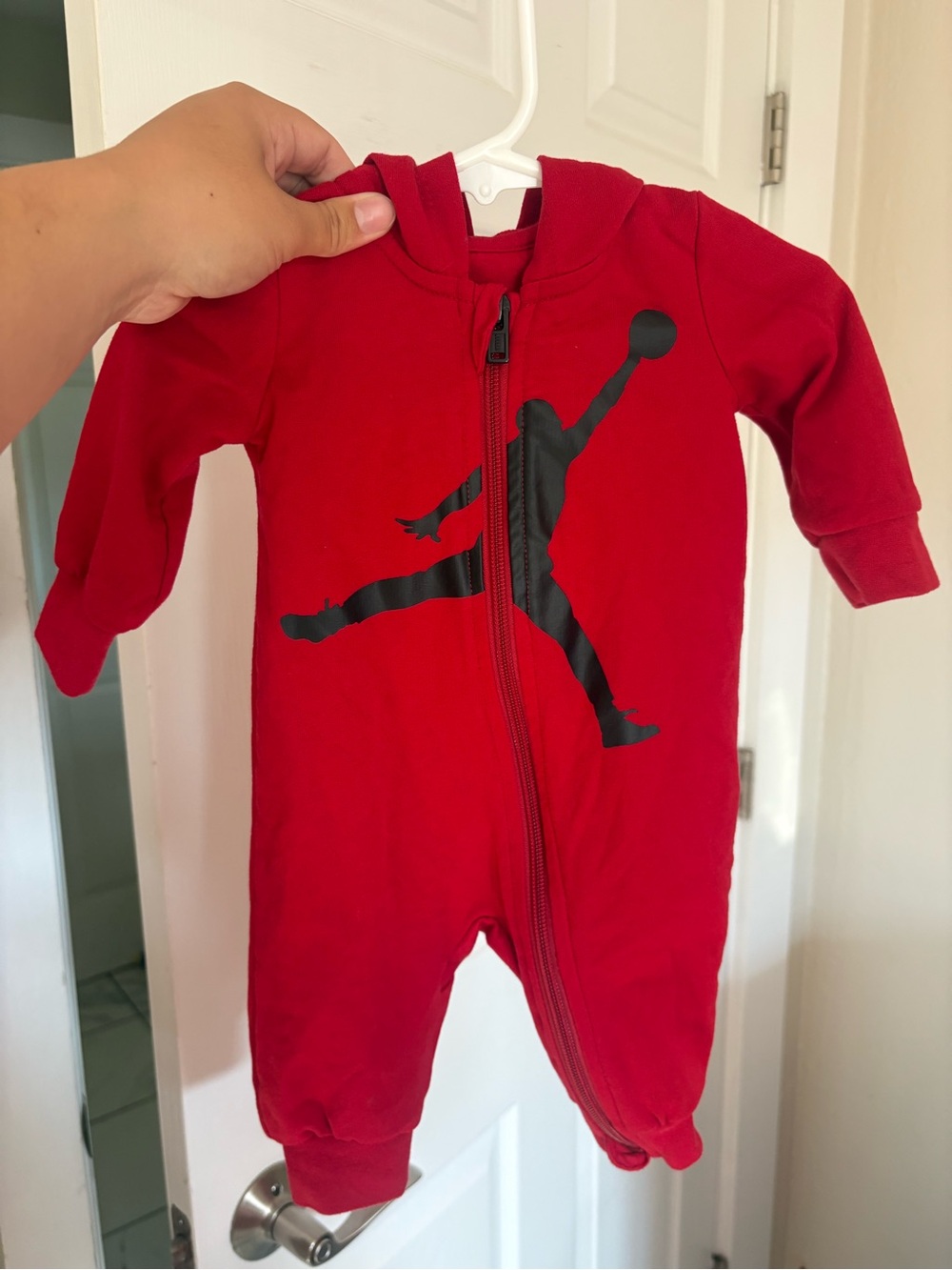 Jordan Red Hooded Baby One-Piece with Black Jumpman